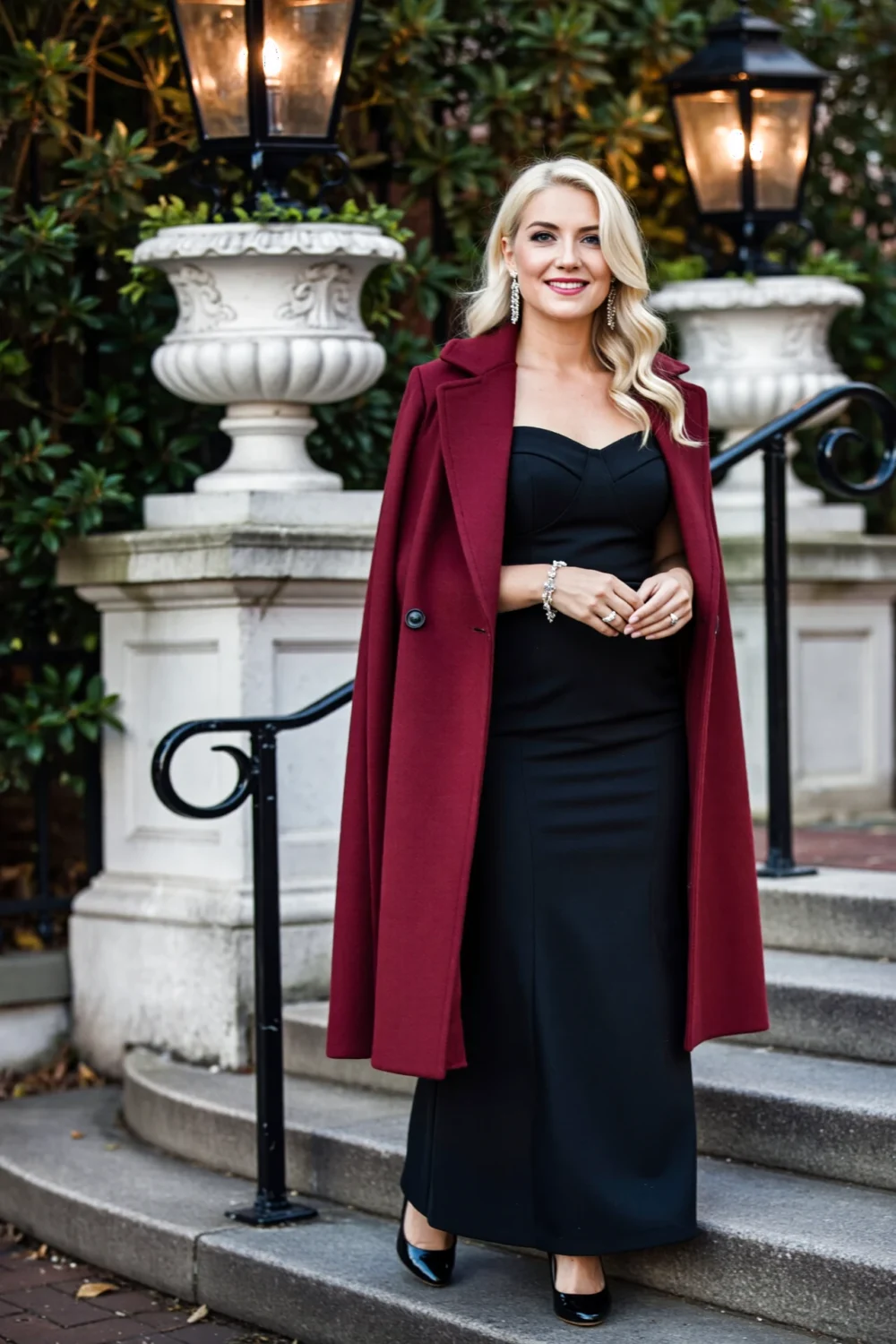 Blonde woman in a strapless black off-the-shoulder gown with a burgundy cape coat draped over shoulders, romantic, streamlined
