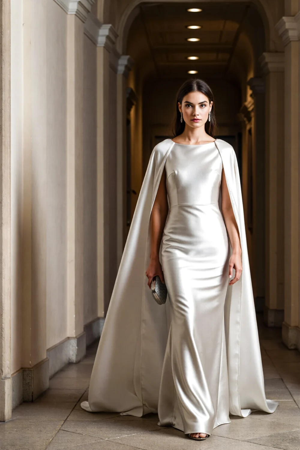 Model in a sleek white satin cape gown walking through a classical arched hallway, minimal jewelry, clutch, refined silhouette