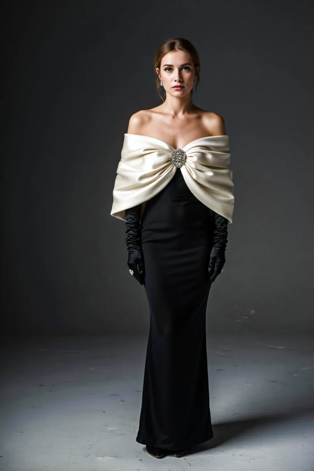 Model in a strapless black gown wearing an ivory capelet that floats over shoulders, sculptural, dramatic drape with gem brooch.