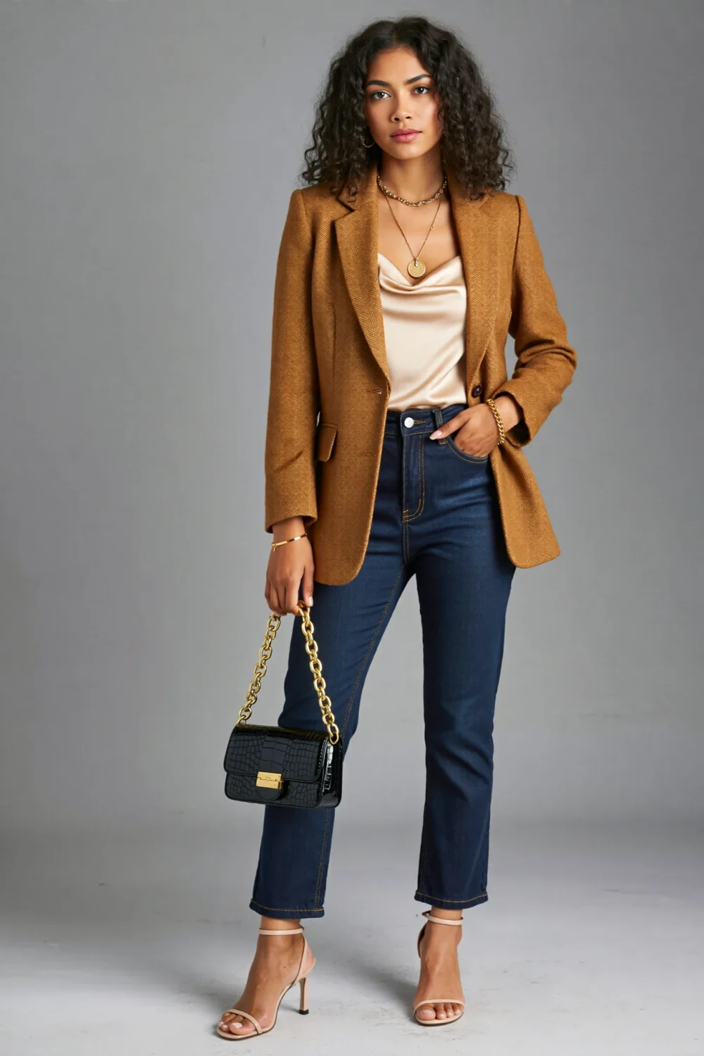 Caramel blazer over champagne cami and dark indigo jeans, creating a polished high school reunion outfit with evening shine and ease