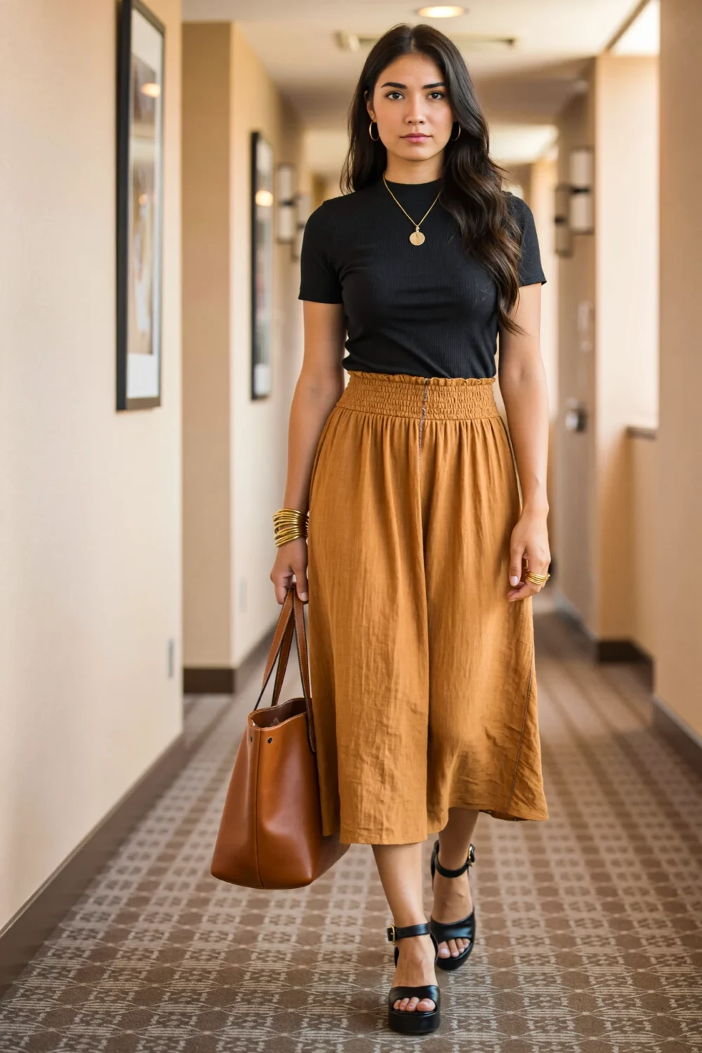 Woman in black ribbed cap-sleeve top and caramel midi skirt with tote, styled for an elegant conference-day ensemble.