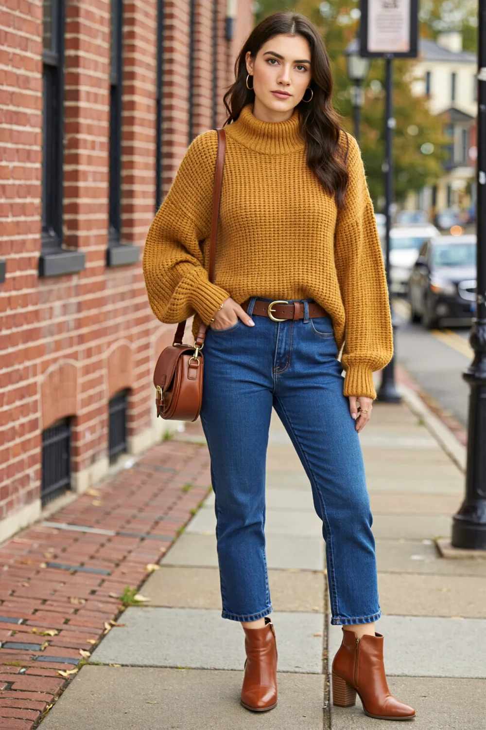 Caramel knit sweater with cropped indigo jeans, cocoa belt, brown crossbody bag, and cognac boots for a polished fall street style look