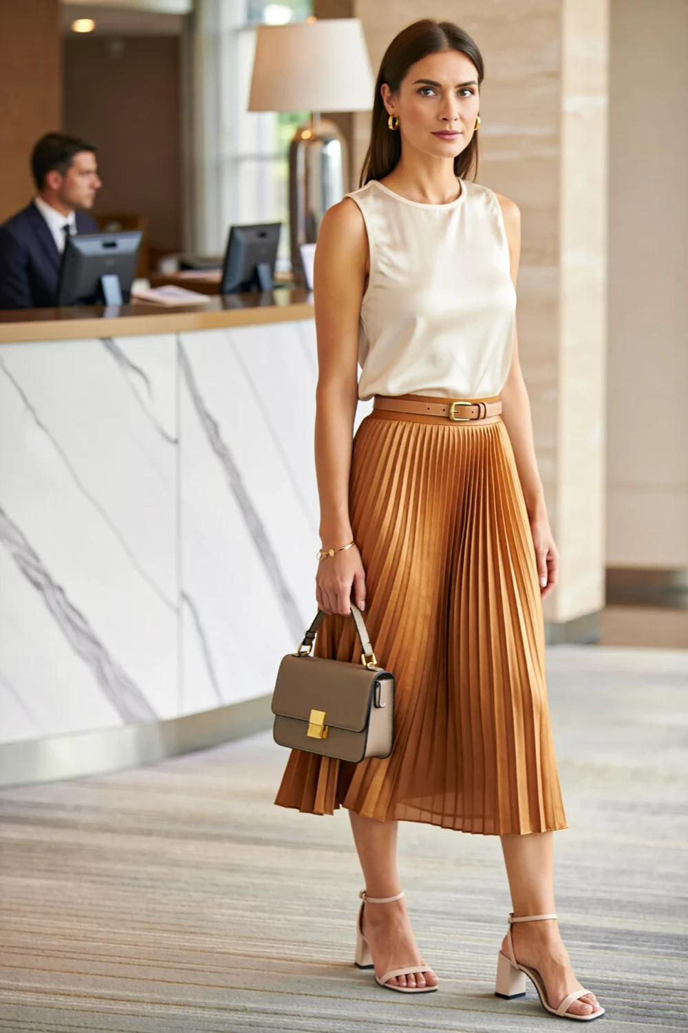 Woman in ivory sleeveless shell and caramel pleated midi, with nude heels and gold accents, perfect conference dress code for ladies.