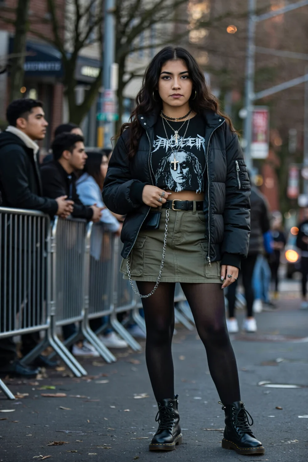 Woman in grunge cargo mini skort, band tee, cropped puffer, chain belt, layered necklaces, black tights and combat boots on street