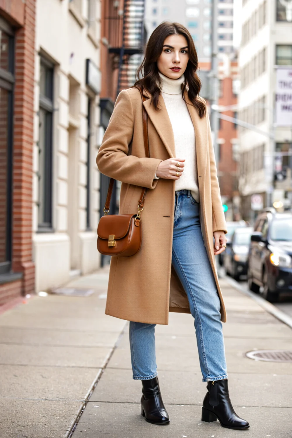 Woman in cream cashmere turtleneck, camel coat and light blue straight-leg jeans with black ankle boots and brown leather crossbody
