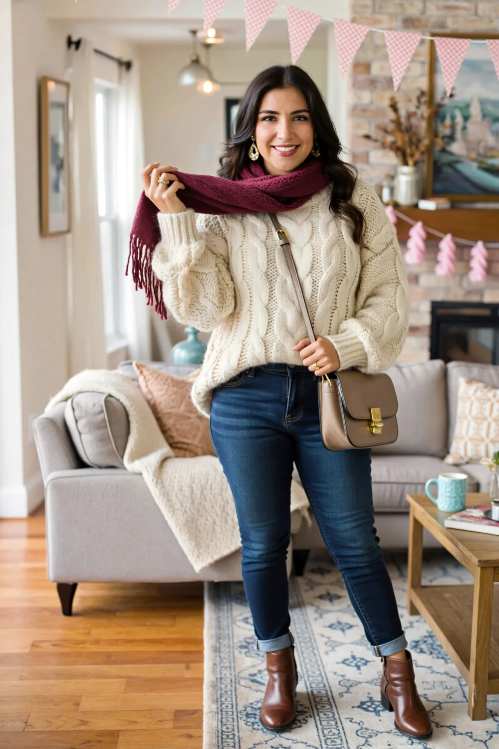 Woman in an oatmeal cable-knit sweater, dark jeans and brown ankle boots, burgundy scarf and crossbody bag — casual chic and cozy