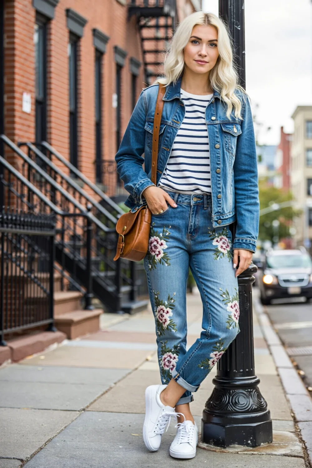 Blonde woman in floral printed jeans, denim jacket, striped tee, and white sneakers, styled with a tan crossbody downtown