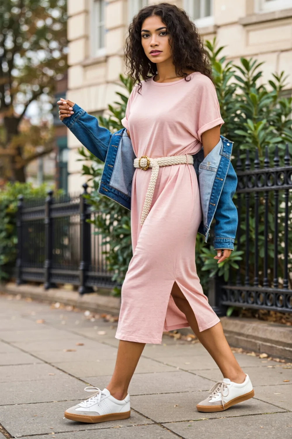 Pink T-shirt dress with woven belt, denim jacket, and white sneakers for a casual, chic street-style look with sporty contrast