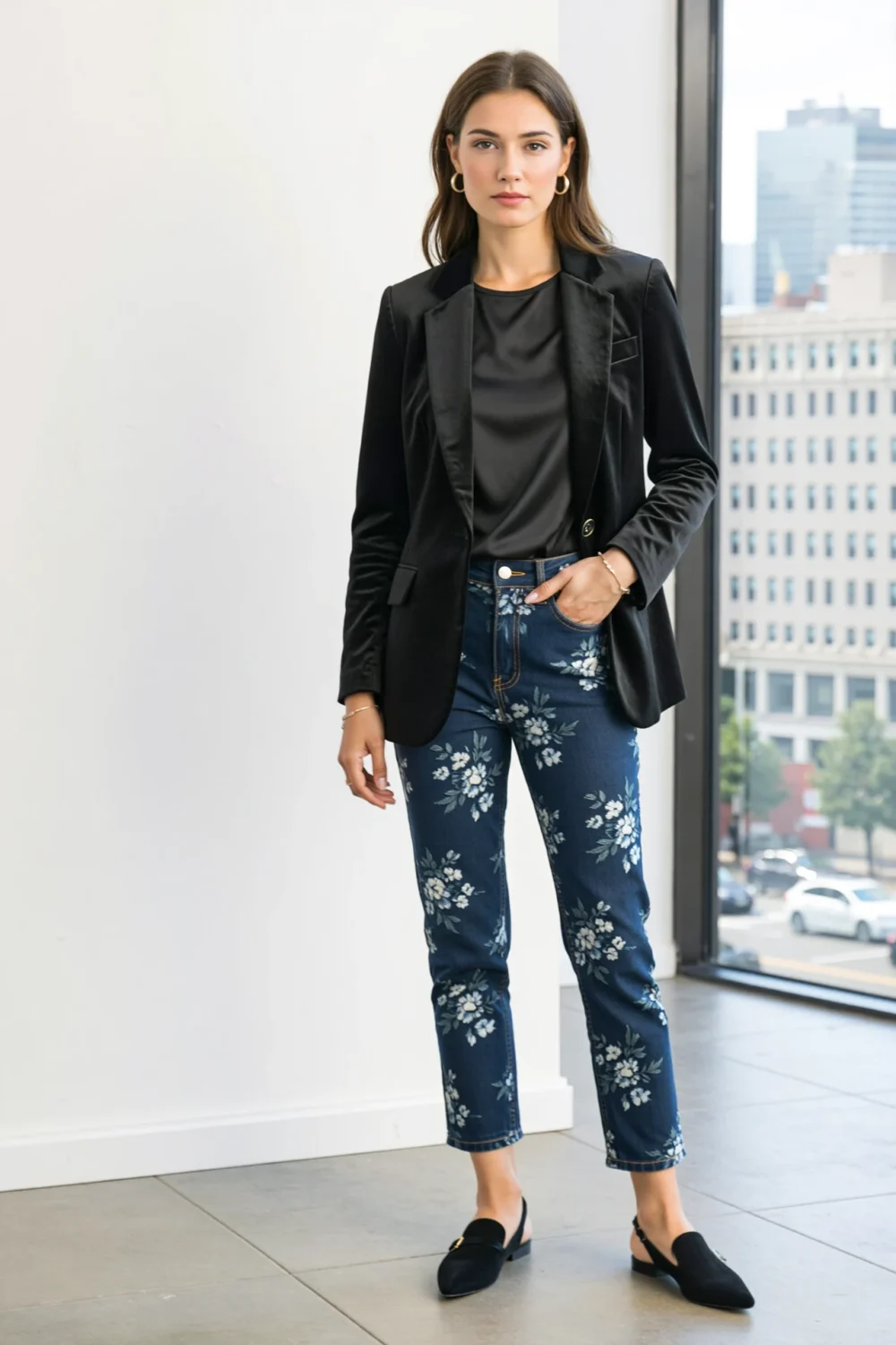 Woman in black blazer and tee with floral dark-wash jeans and black slingbacks, a polished casual Friday office-ready denim look