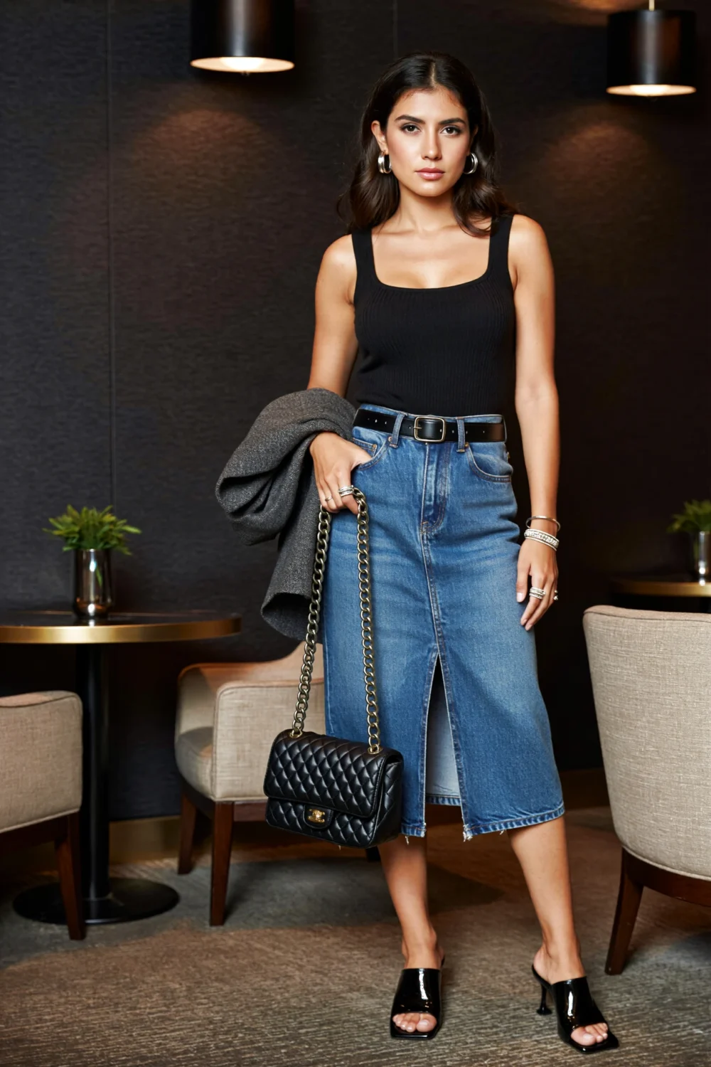 Woman in a square-neck black bodysuit, faded denim slit midi with belt and patent square-toe heels holding a chain-strap bag.