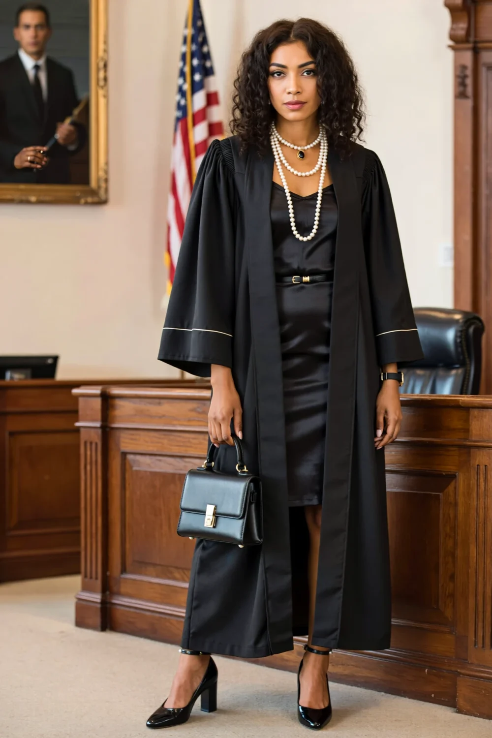 Elegant black robe-dress with pearl necklace, bishop sleeves, and top-handle bag, styled in a polished court-like setting