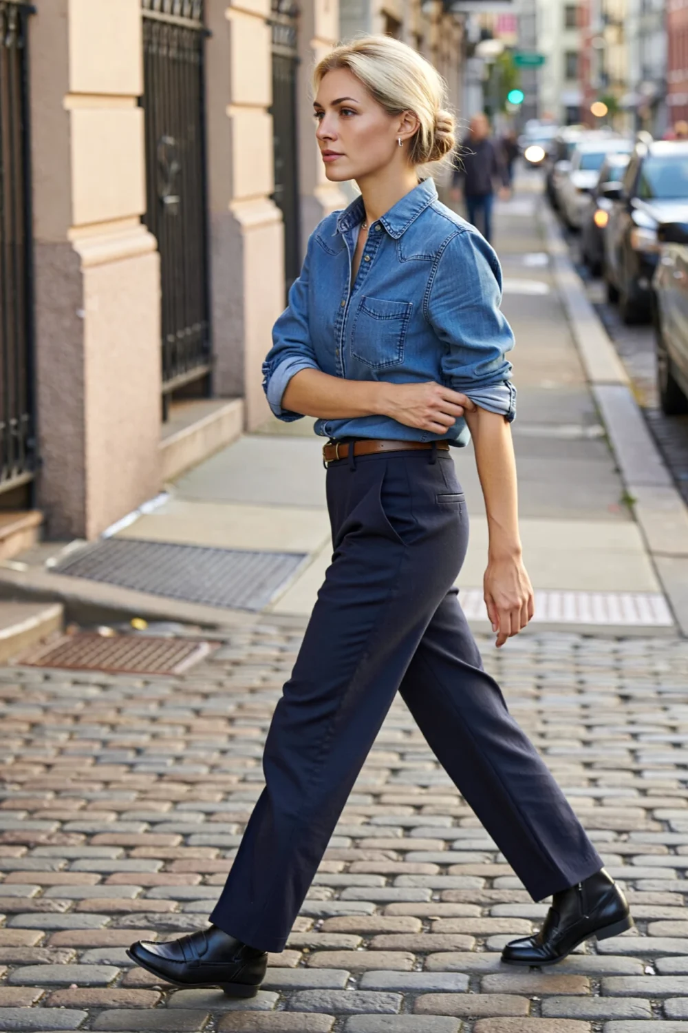 Woman walking in chambray button-down, rolled sleeves, straight-leg navy trousers with belt and black ankle boots in the city