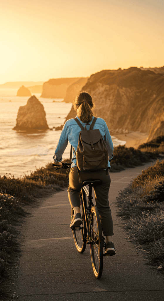 A person riding a bike wearing a baby blue chambray shirt and olive green pants by the seaside