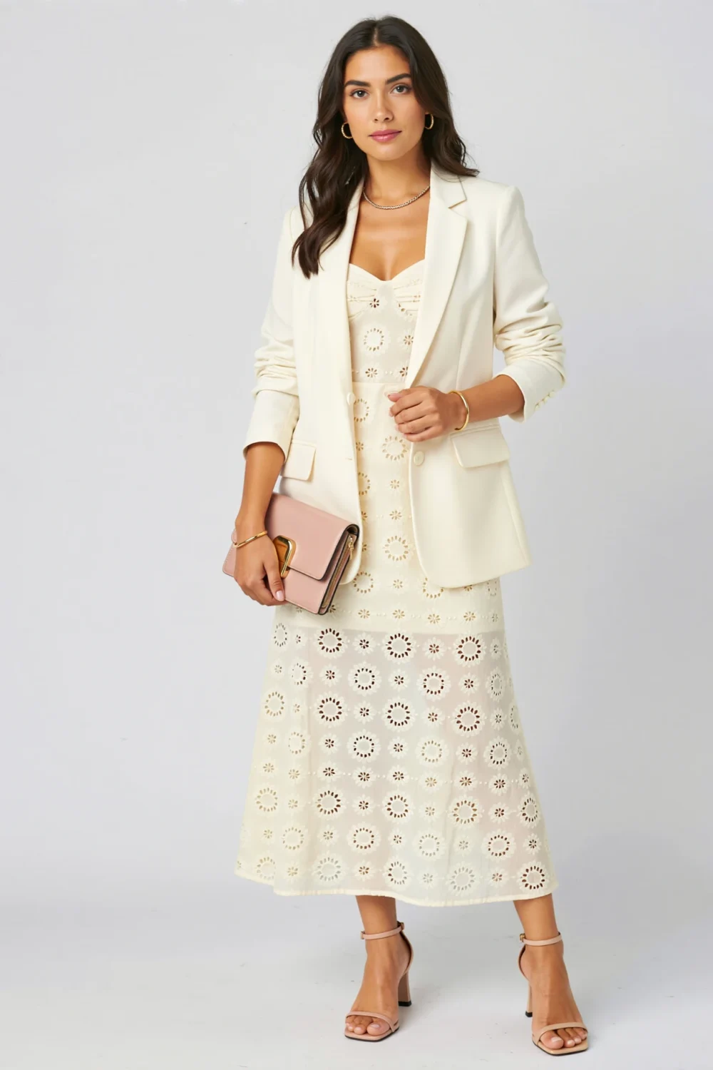 Model in buttercream eyelet midi dress with cropped white blazer, nude heels and blush clutch, styled for romantic occasion wear