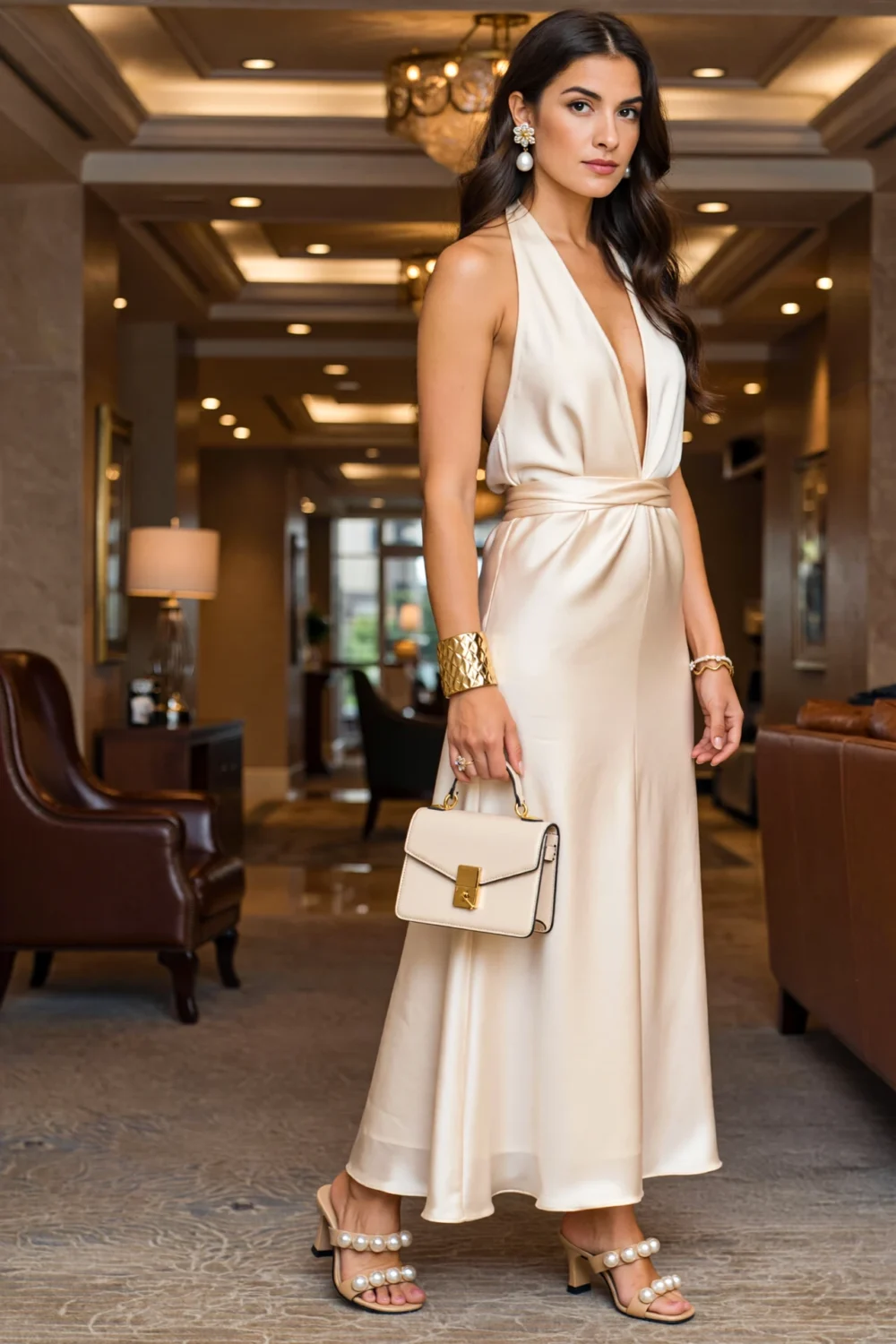 Elegant woman in a champagne halter dress with ruched plunge neckline, open back, and slim column silhouette for quinceañera guests