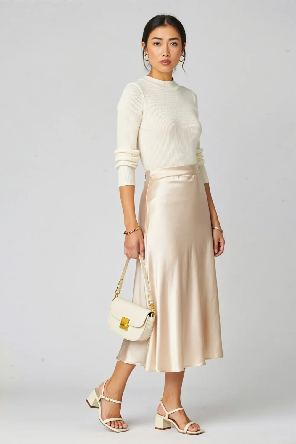 Ivory ribbed knit top with pearl-champagne satin midi skirt, low block-heel sandals, and slim baguette bag for a quietly luxe look