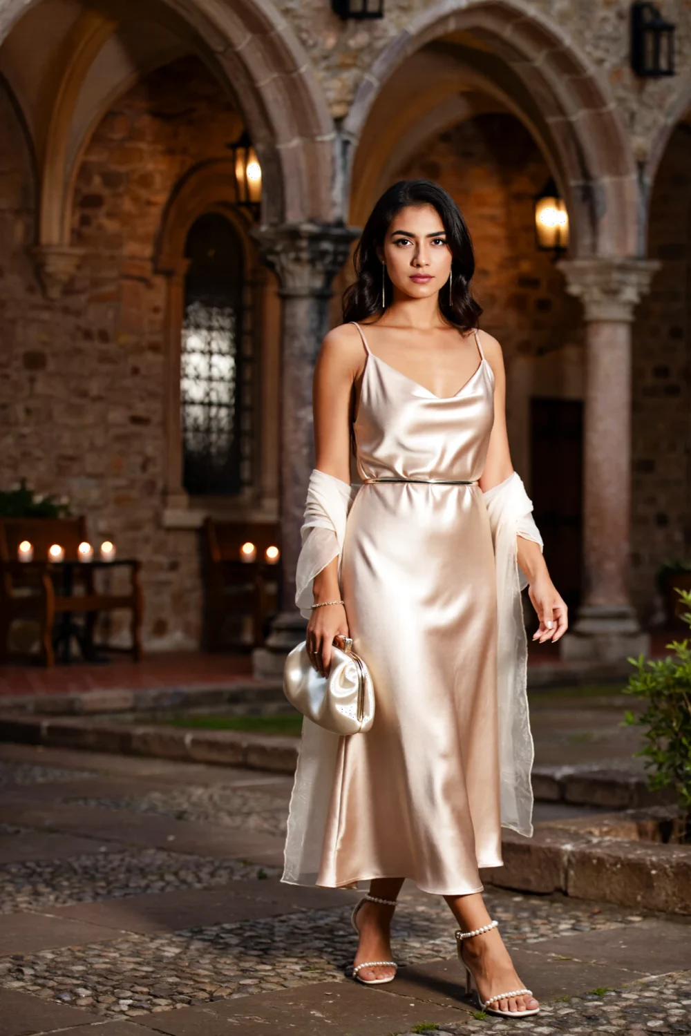 Woman in a champagne satin slip dress with ankle hem, pearl strappy heels, satin clutch and chiffon wrap inside a stone church.