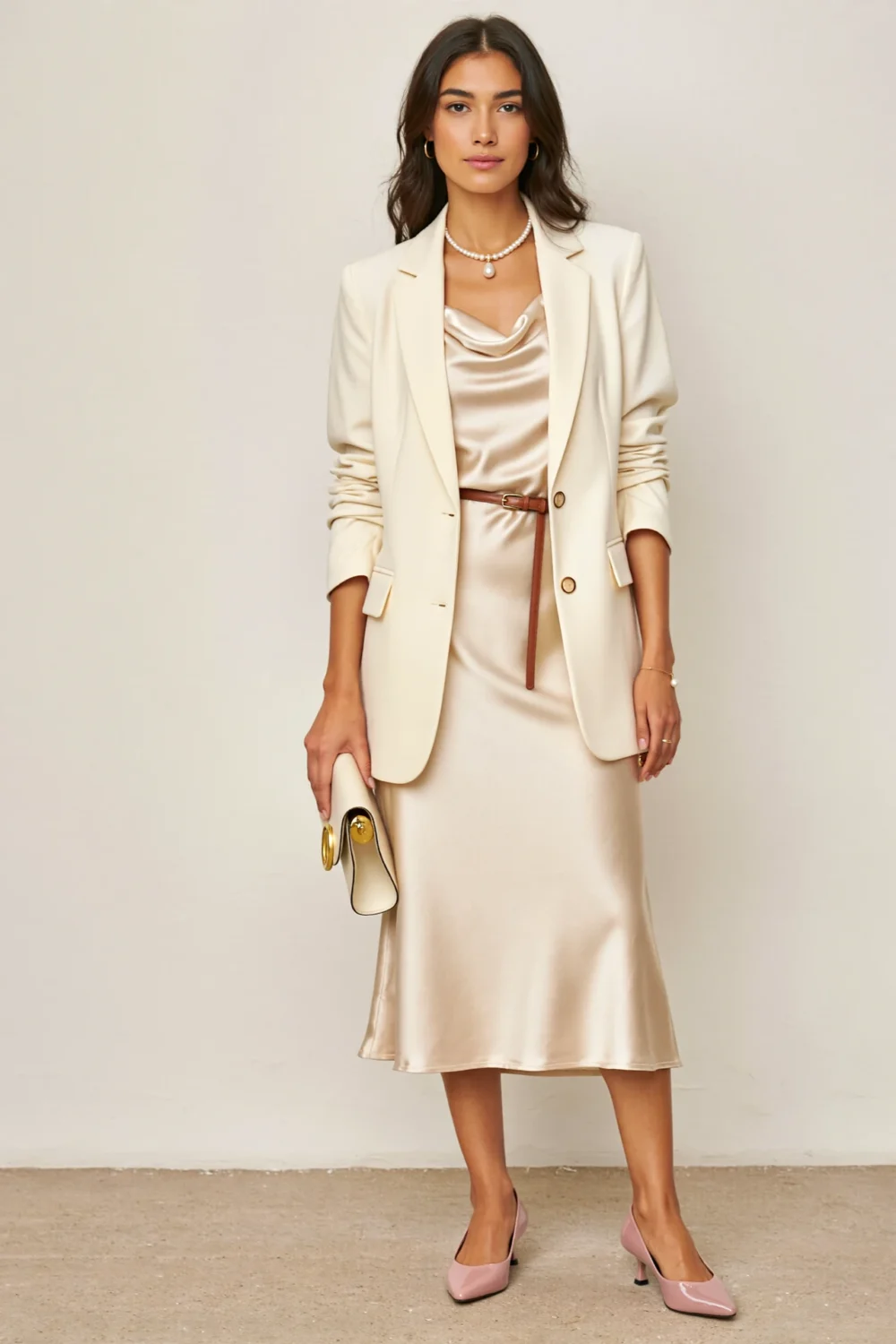 Champagne satin slip dress with cream blazer, pearl necklace, and blush pumps for a polished church-and-reception look