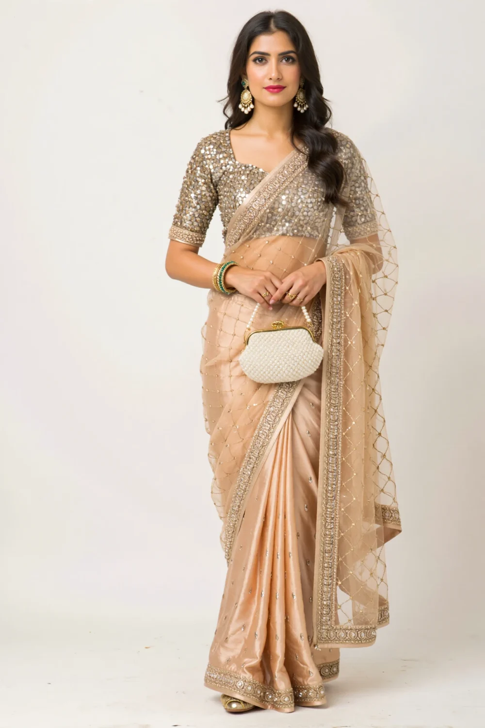 Champagne net sari with opalescent sequins, sweetheart blouse, antique-gold trim, and flowing pallu for a festive, luminous look