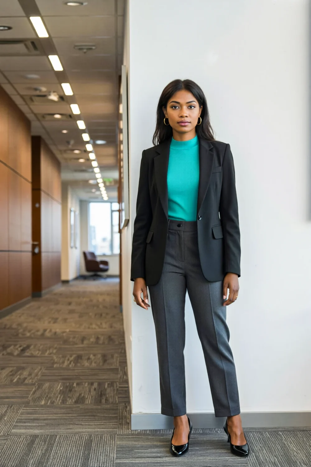 Woman in charcoal trousers and black blazer with emerald crewneck and black pumps, creating a sleek office-ready color story.