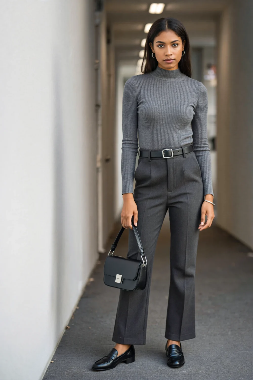 Model in charcoal column heather gray ribbed mock-neck, charcoal bootcut trousers, square-buckle belt, structured bag and loafers.
