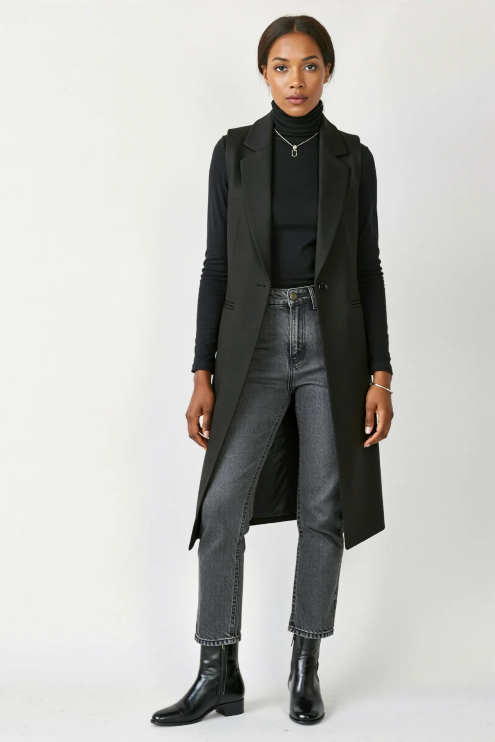 Charcoal turtleneck with tailored black vest, tapered grey jeans, and ankle boots creating a sleek, streamlined monochrome look