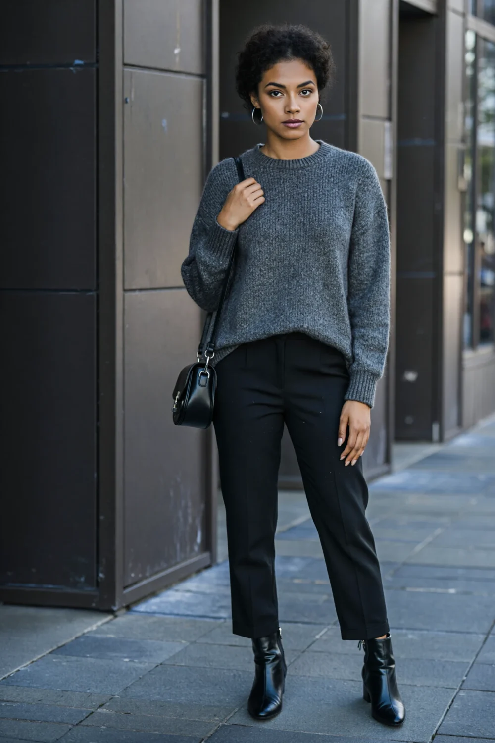 Woman in charcoal knit sweater with tapered black trousers, black ankle boots, silver hoop earrings and compact shoulder bag.