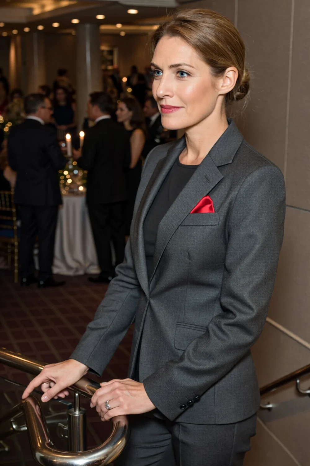 Woman in charcoal single-breasted pantsuit with slim pants and red pocket square, poised at a holiday boardroom-style reception.