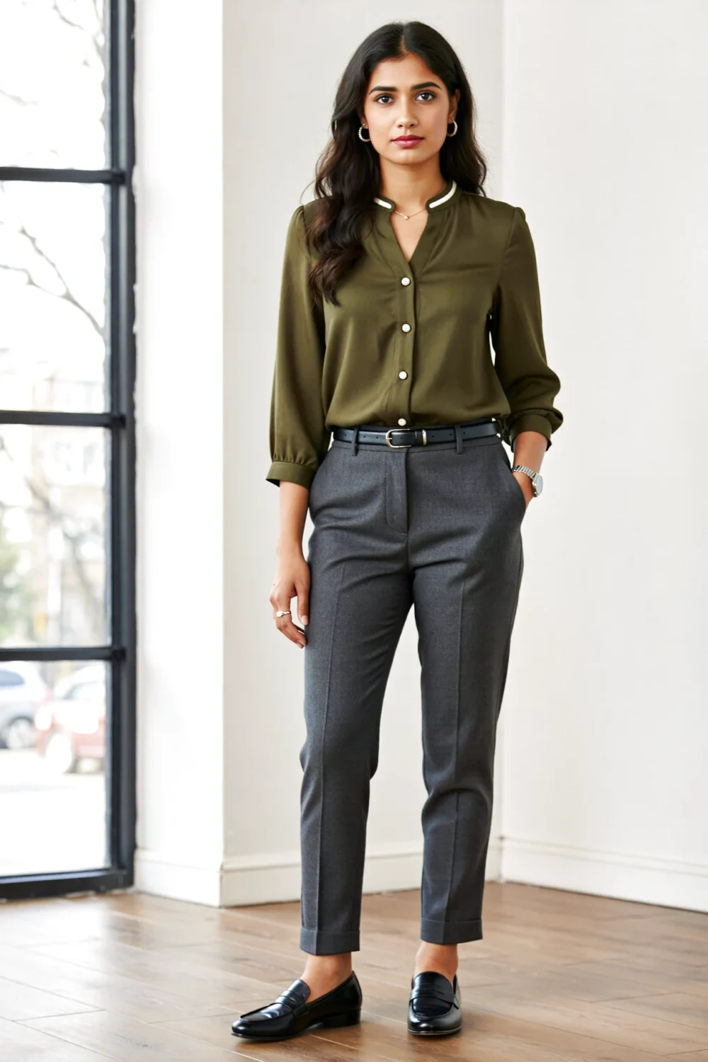 Woman in dark green shirt with charcoal gray trousers and black loafers, styled for a modern office-chic look with quiet edge.