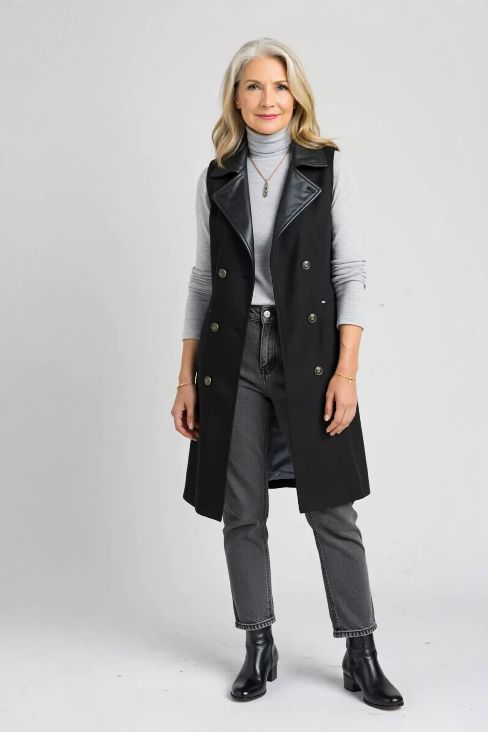 Charcoal turtleneck with long black vest and straight ankle jeans, styled with boots for a sleek, modern layered outfit