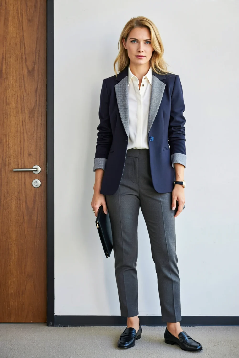 Woman in charcoal trousers, navy blazer and white shirt with black loafers, classic polished tailoring for a professional office look