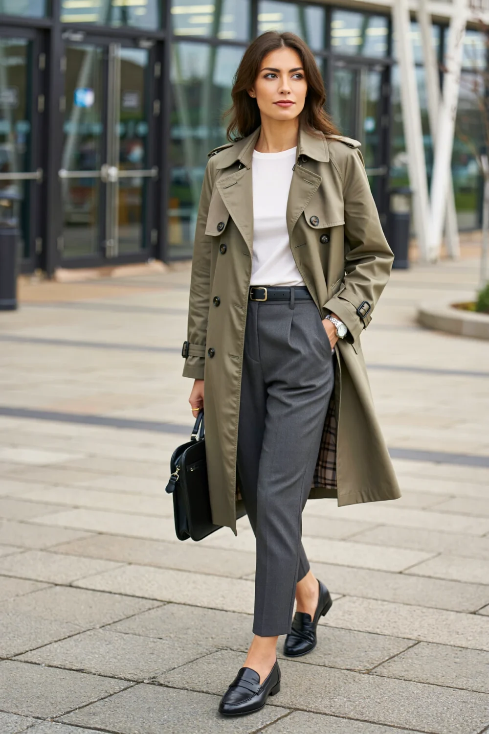 Woman in charcoal trousers, stone trench and black loafers, carrying a briefcase-style bag for polished commuter style
