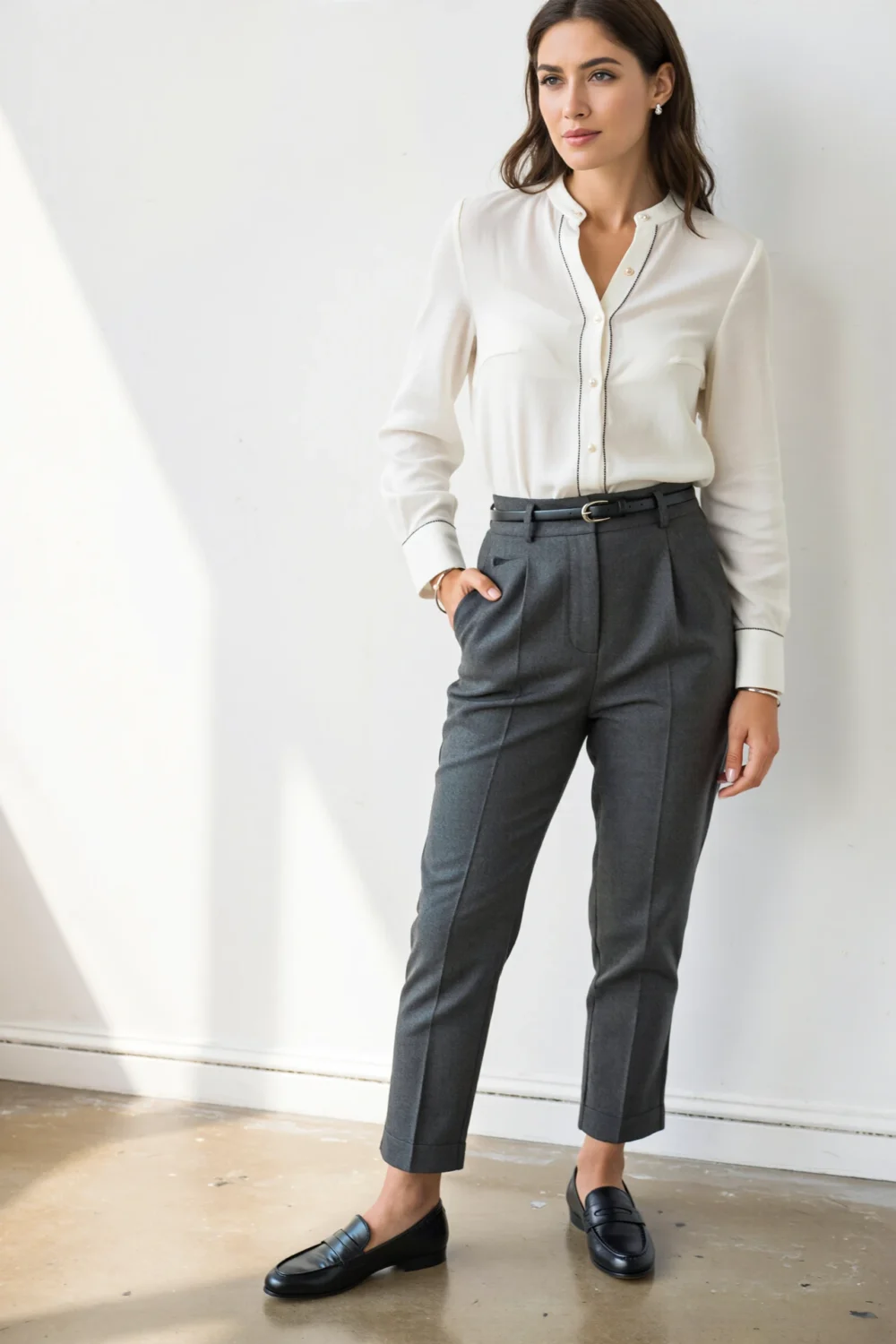 Woman styling charcoal trousers with a crisp white button-down and sleek black loafers for a polished, streamlined outfit