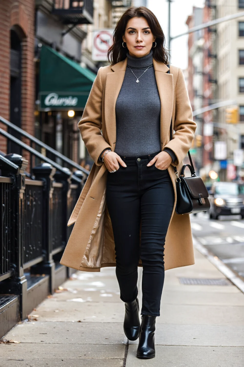 Woman walking on a city sidewalk in a charcoal ribbed turtleneck, black jeans, camel coat, black ankle boots and a small black bag