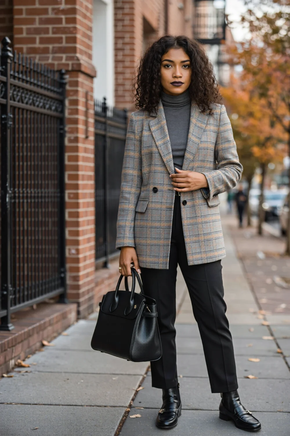 Woman in a charcoal turtleneck layered under a plaid blazer with black pants, loafers and a structured black handbag, fall-ready