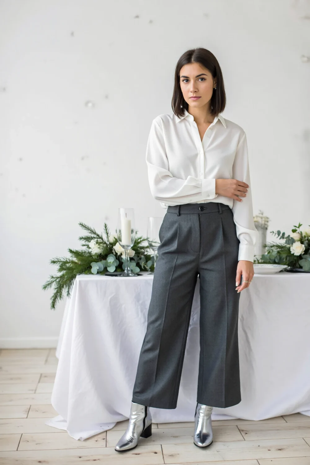 Petite model in a crisp white button-up tucked into charcoal wide-leg cropped pants with silver ankle boots and tailored greenery.