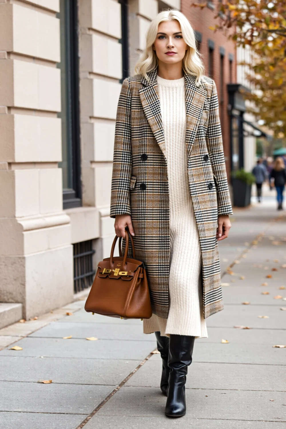 Woman in checked coat over cream knit long dress with black boots and brown leather handbag, cozy tailored autumn street look