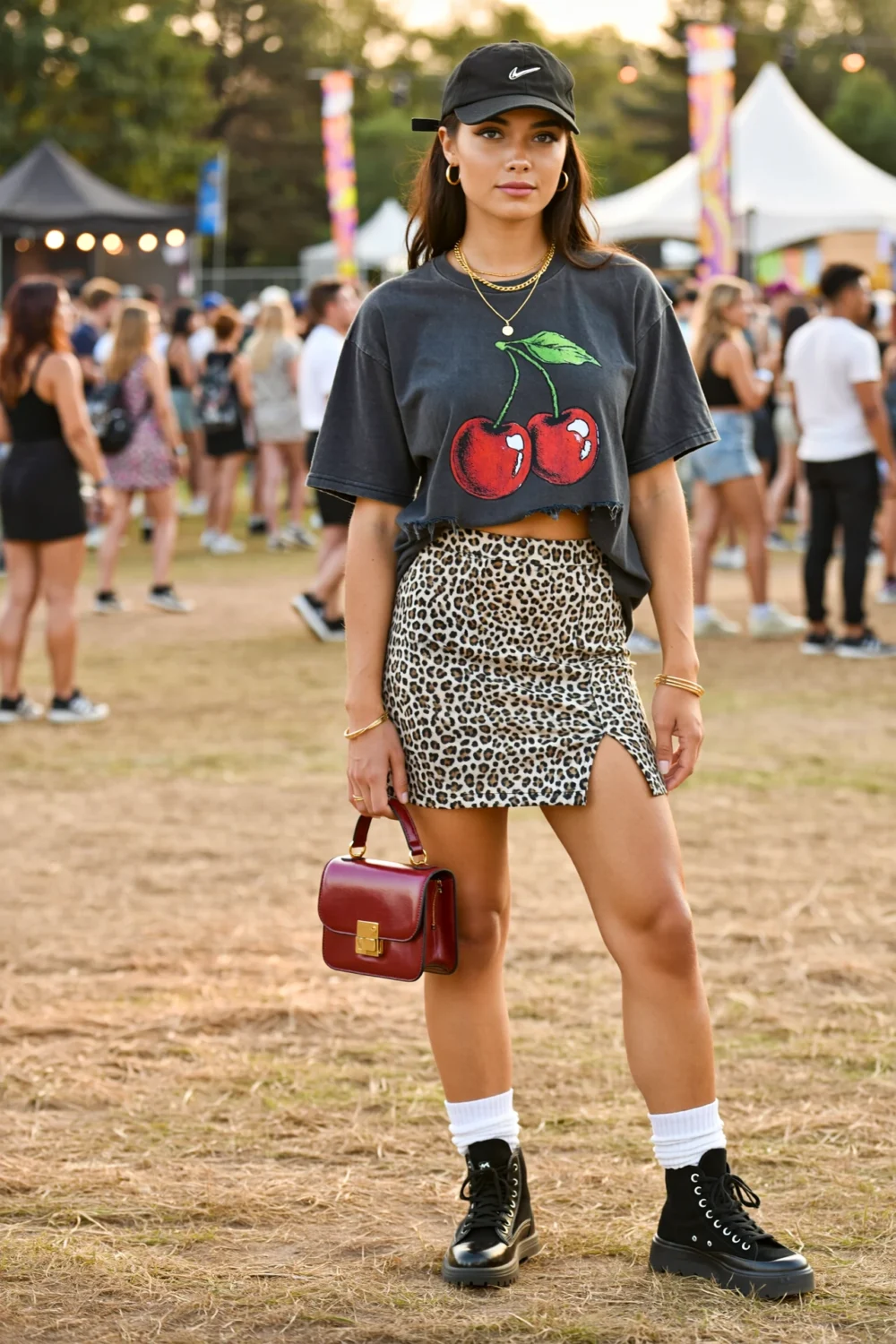 Cherry graphic tee, leopard skort, black cap, boots, and red mini bag create a playful sporty festival outfit crowd-ready.