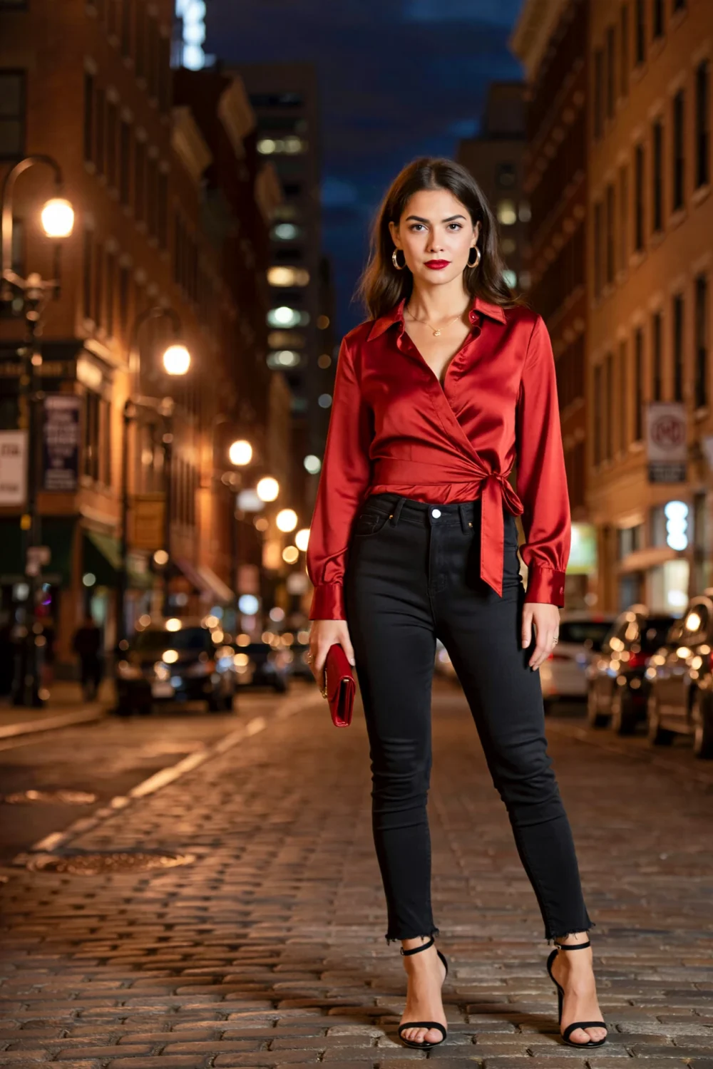 Model on a lit cobblestone street at night in a cherry-red satin wrap blouse, slim black jeans, strappy heels and hoop earrings