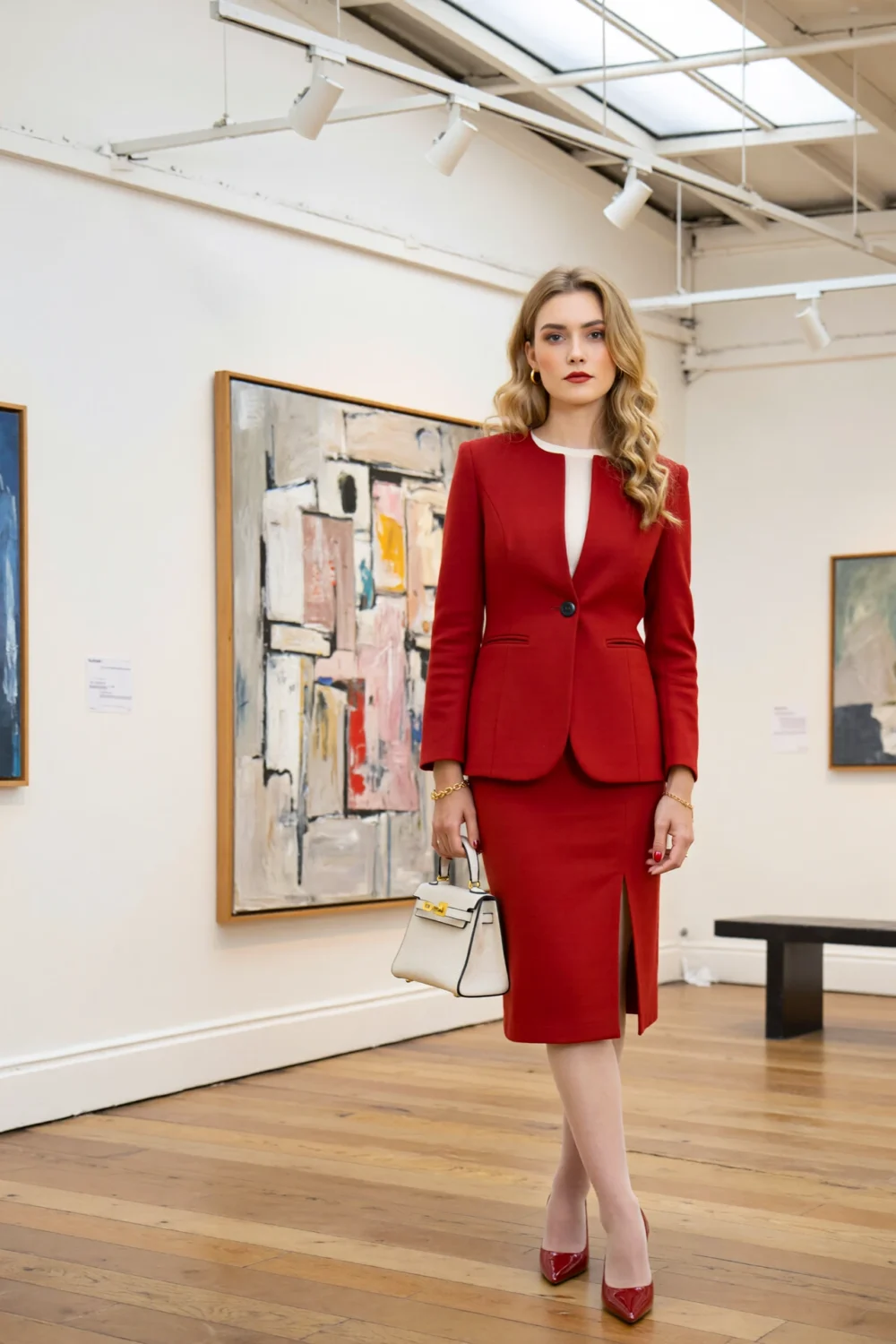 Woman wearing a cherry red collarless skirt suit and ivory top, posing in an art gallery with abstract paintings and a white handbag.