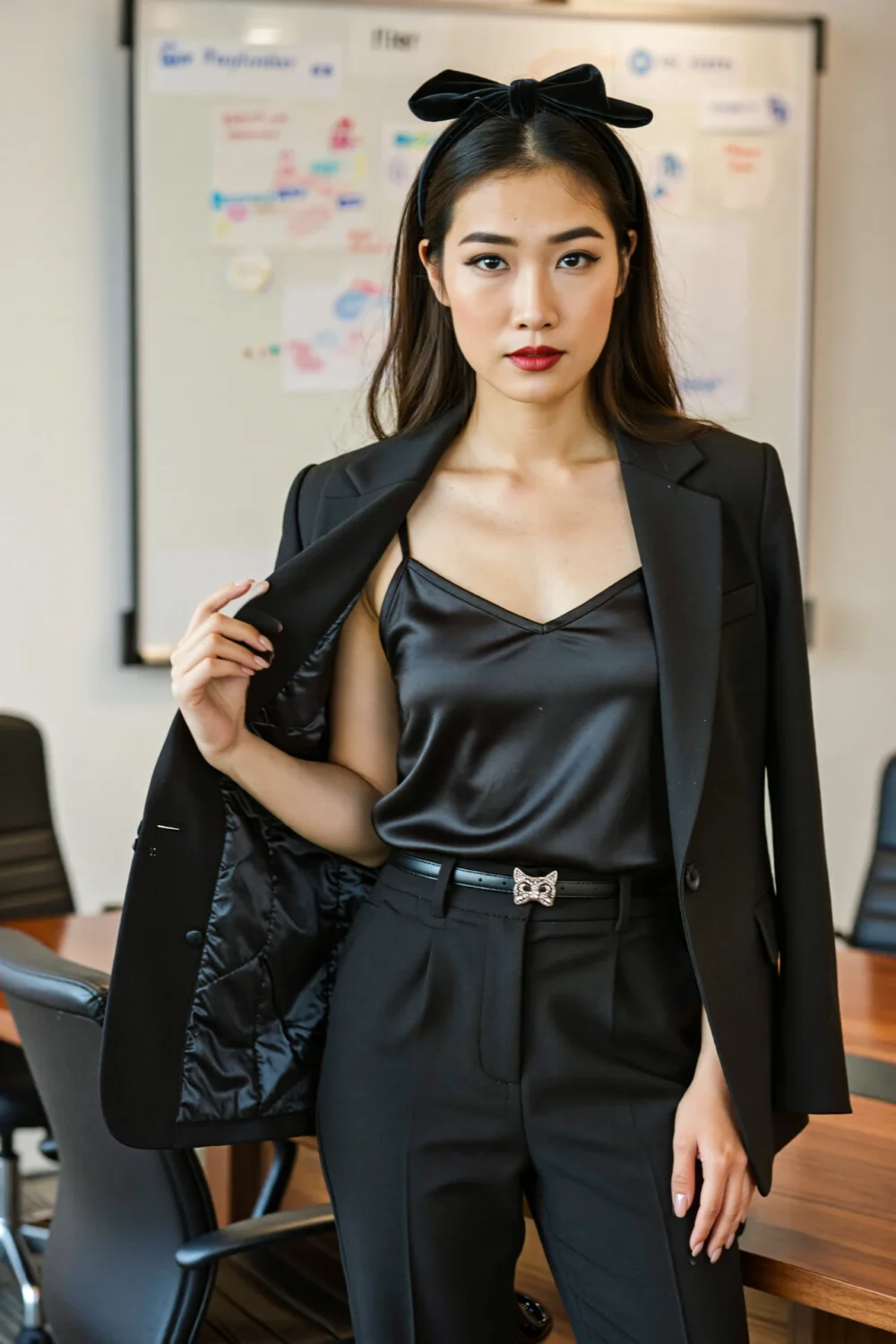 Chic office outfit with black satin camisole, tailored blazer, bow headband and cat-buckle belt for a polished festive look