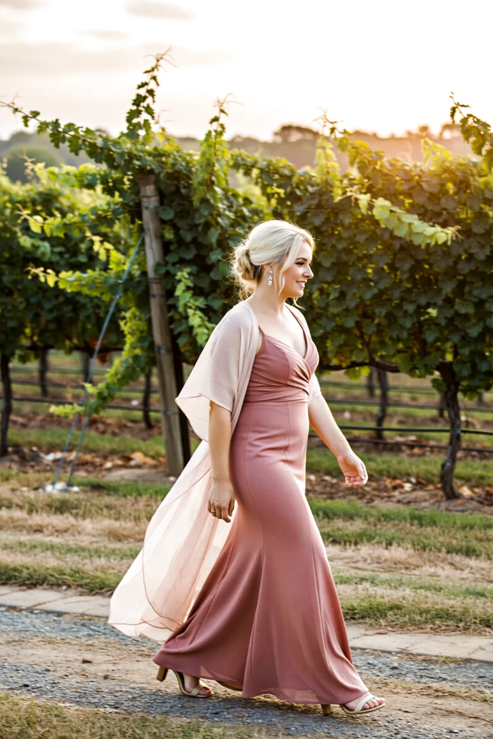 Bridesmaid in dusty rose column gown with airy chiffon capelet skimming shoulders, adding sheer movement over neckline and bodice.