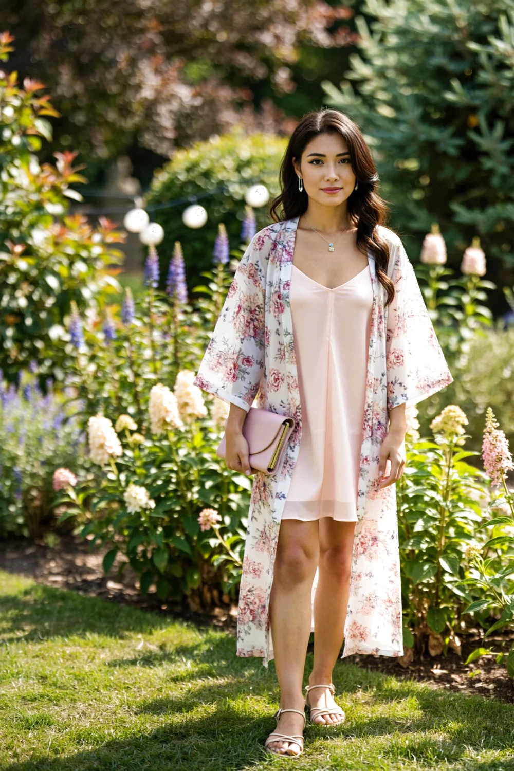 Woman in pale pink slip and floral chiffon kimono holding a clutch in a sunlit garden, ethereal sun-safe cover for outdoor parties