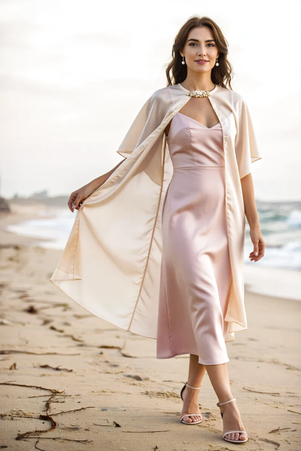 Woman on beach in blush silk slip dress wearing a whisper-light chiffon shawl cape fastened with pearls, flowing over shoulders