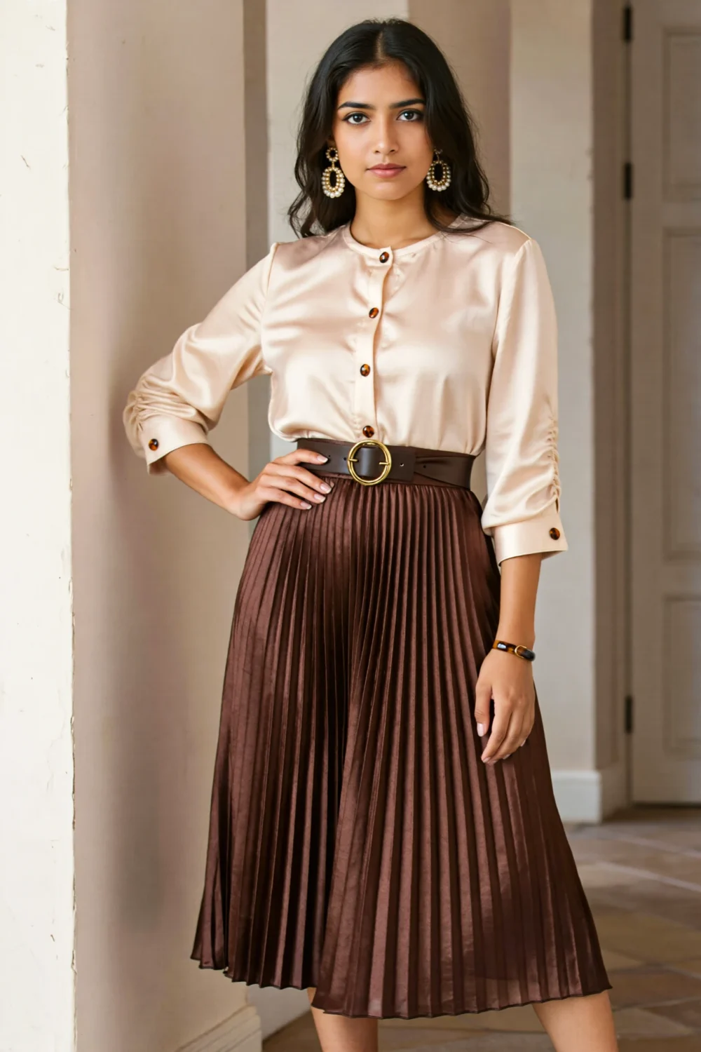 Chocolate pleated midi skirt with silky cream blouse and belt, styled for an elegant quinceanera guest outfit with graceful shine and movement