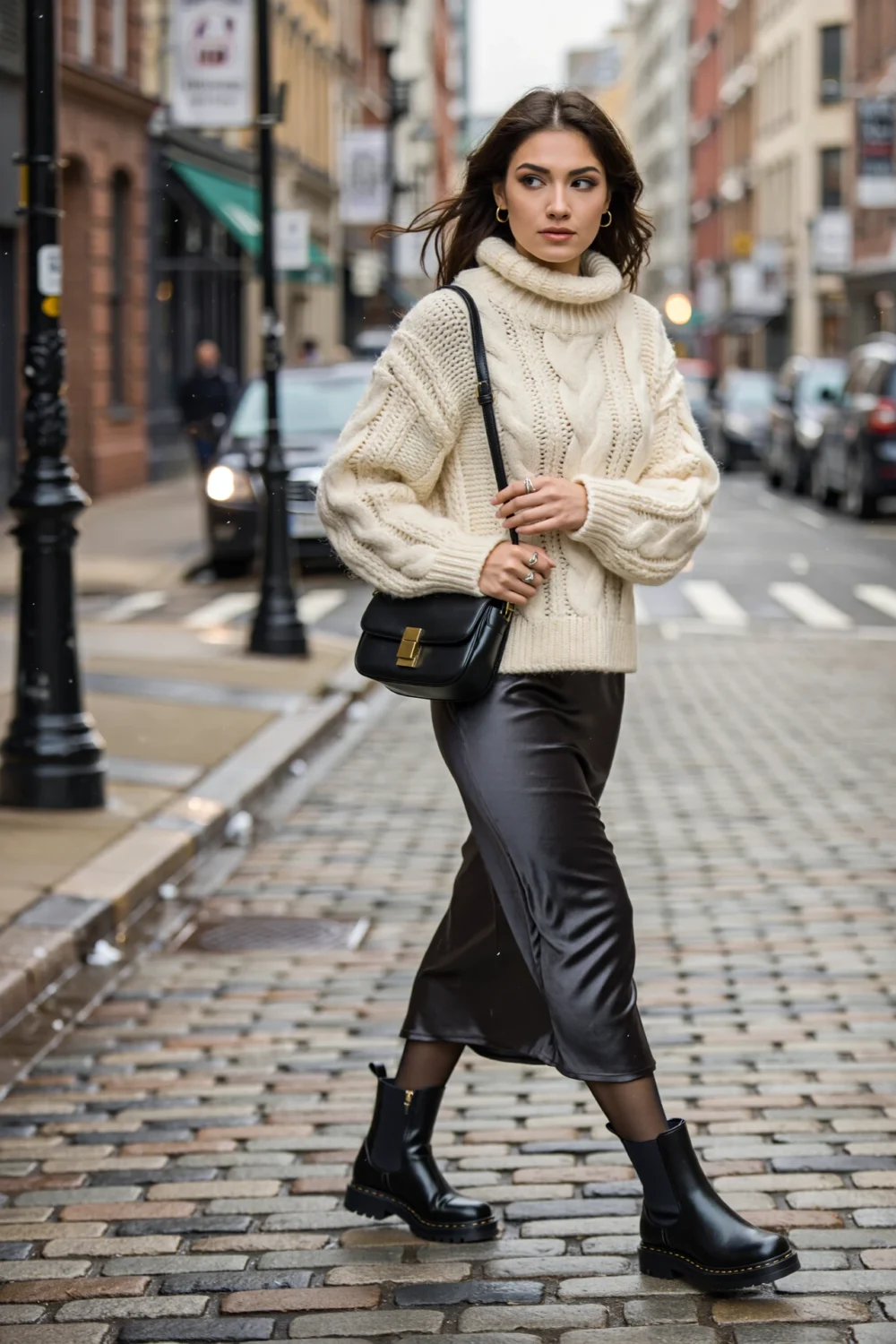 Woman on cobbled street in chunky cable turtleneck and satin slip, lug-sole boots and black crossbody bag, cold-weather chic look