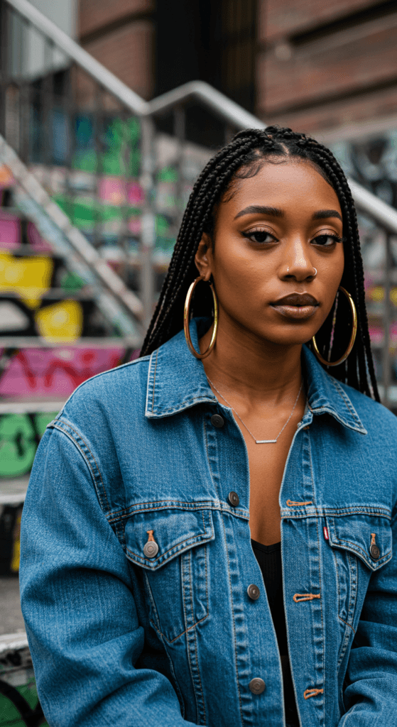 A young woman wearing chunky hoop earrings and a slim pendant necklace, posing casually.