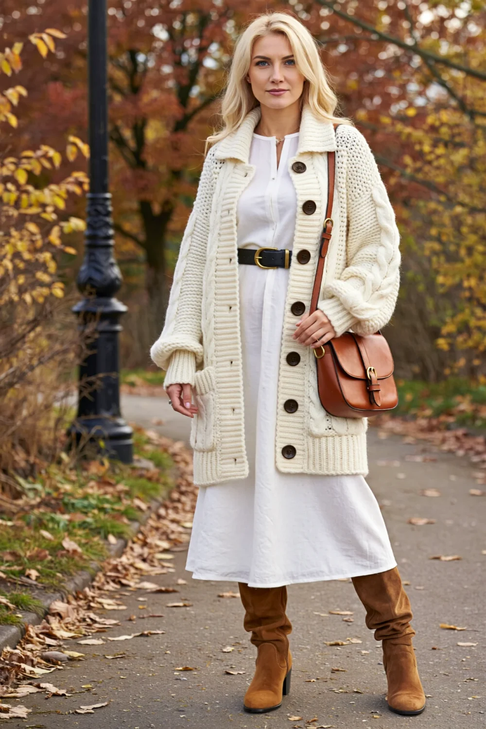 Chunky cream fisherman cardigan over white dress, with leather belt, suede boots and autumn leaves for cozy fall style.