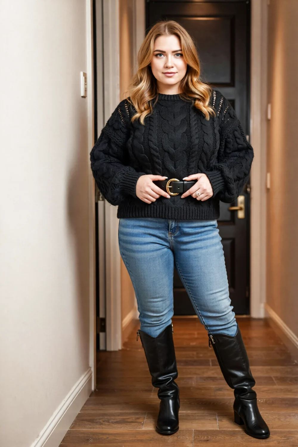 Woman in black chunky cable knit sweater belted at waist, slim light blue jeans and black knee-high boots, cozy yet sleek look
