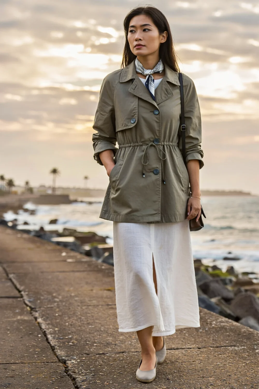 Cinched trench over white maxi skirt with silk scarf, styled for a chic coastal walk in cool summer evening light